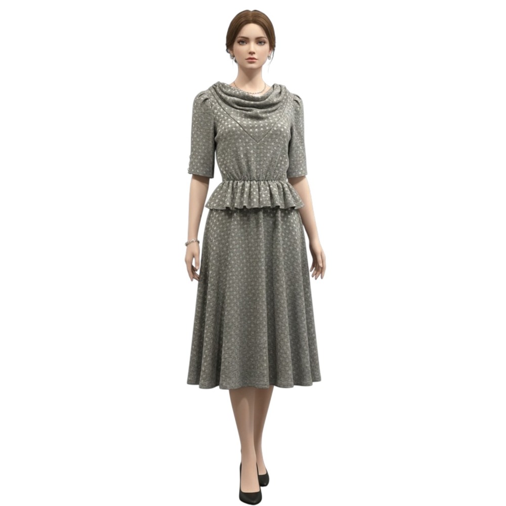 Vintage 80s Midi Gray And White Polka Dot Dress Peplum Gathered Waist Cowl Neck
